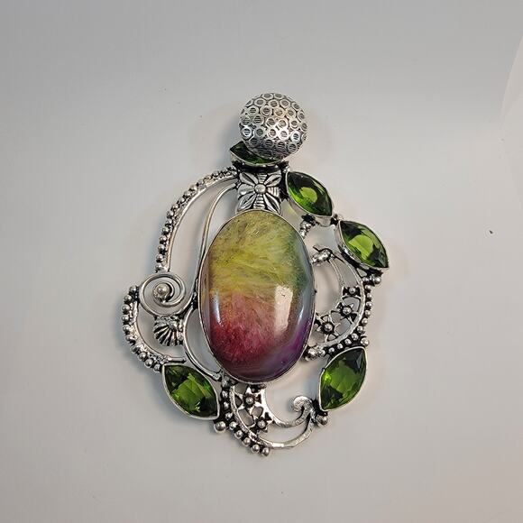 Handmade Rainbow Fluorite Pendant with Peridot in Sterling Silver Floral Setting - Picture 2 of 10